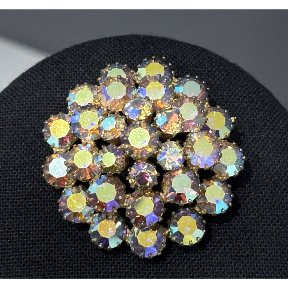 Vintage Aurora Borealis Rhinestone Brooch Dome AB Gold Tone Estate